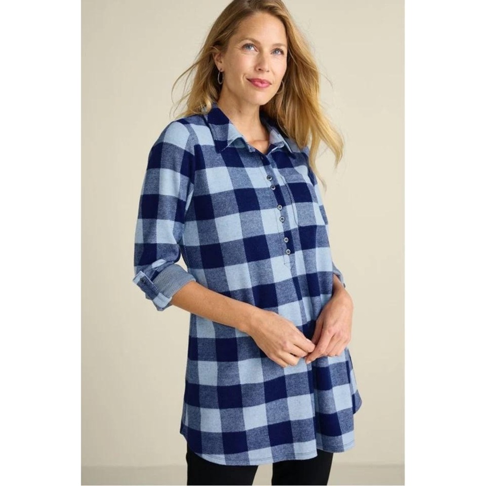 Soft Surroundings Tunic Women‎ 3X Blue Buffalo Plaid Henley Roll Tab SCB29